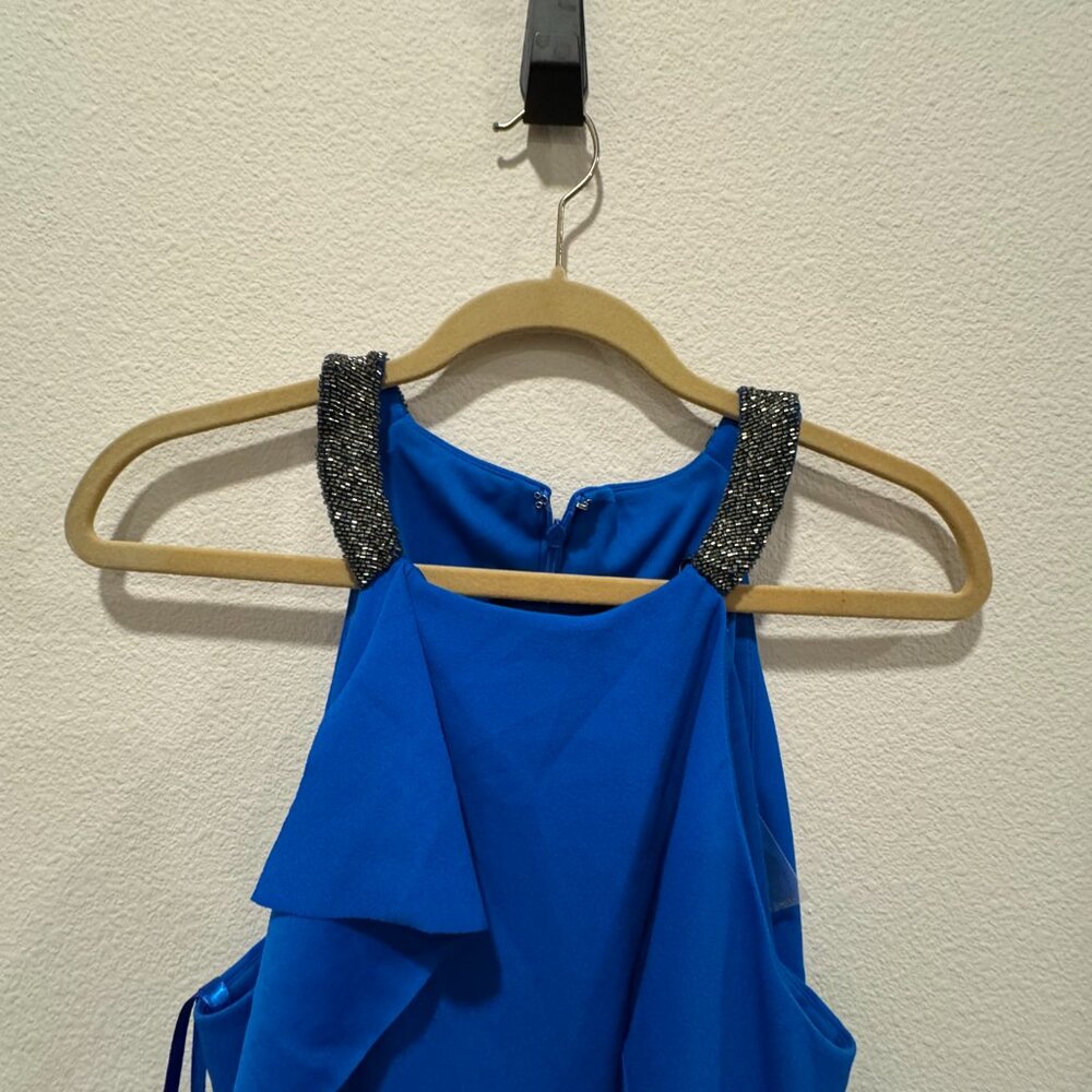 Ralph Lauren Size 16 Ruffled Cocktail Sheath Beaded Halter Dress PORTUGUESE BLUE - Picture 5 of 12